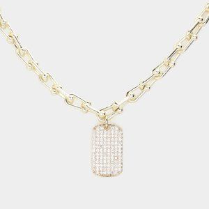 Cubic Zirconia  Stone Paved Dog Tag Pendant Necklace